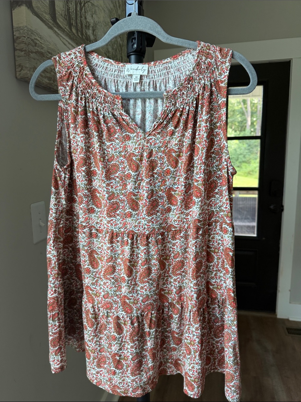 Women's Sleeveless Paisley Tiered Tank - Rust/White